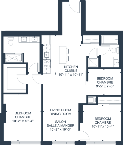 Floor plan for 3 beds, 2 baths, 1176 sqft
